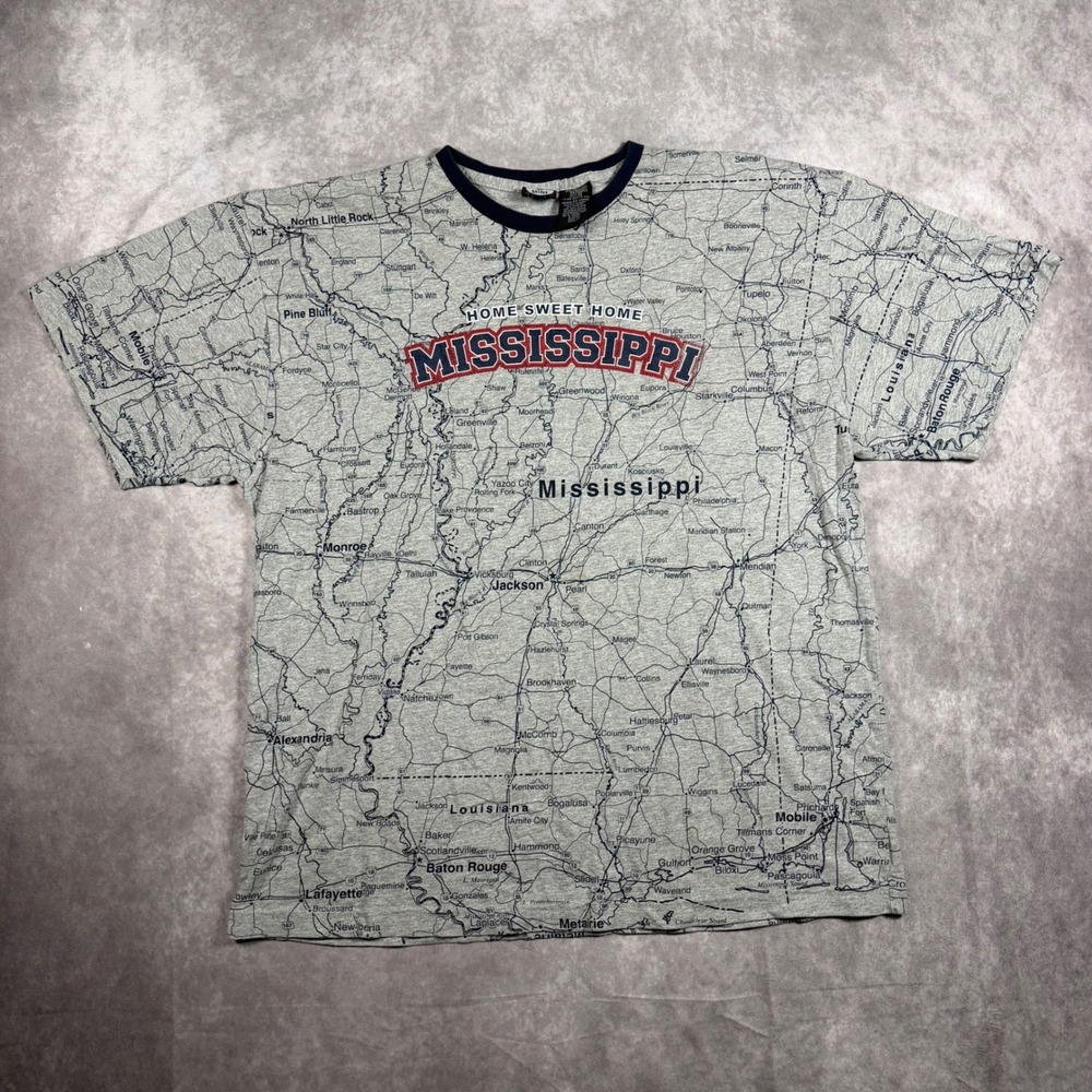 Vintage State of Mine Mississippi Map T Shirt Mens XL Gray AOP Ringer Tee